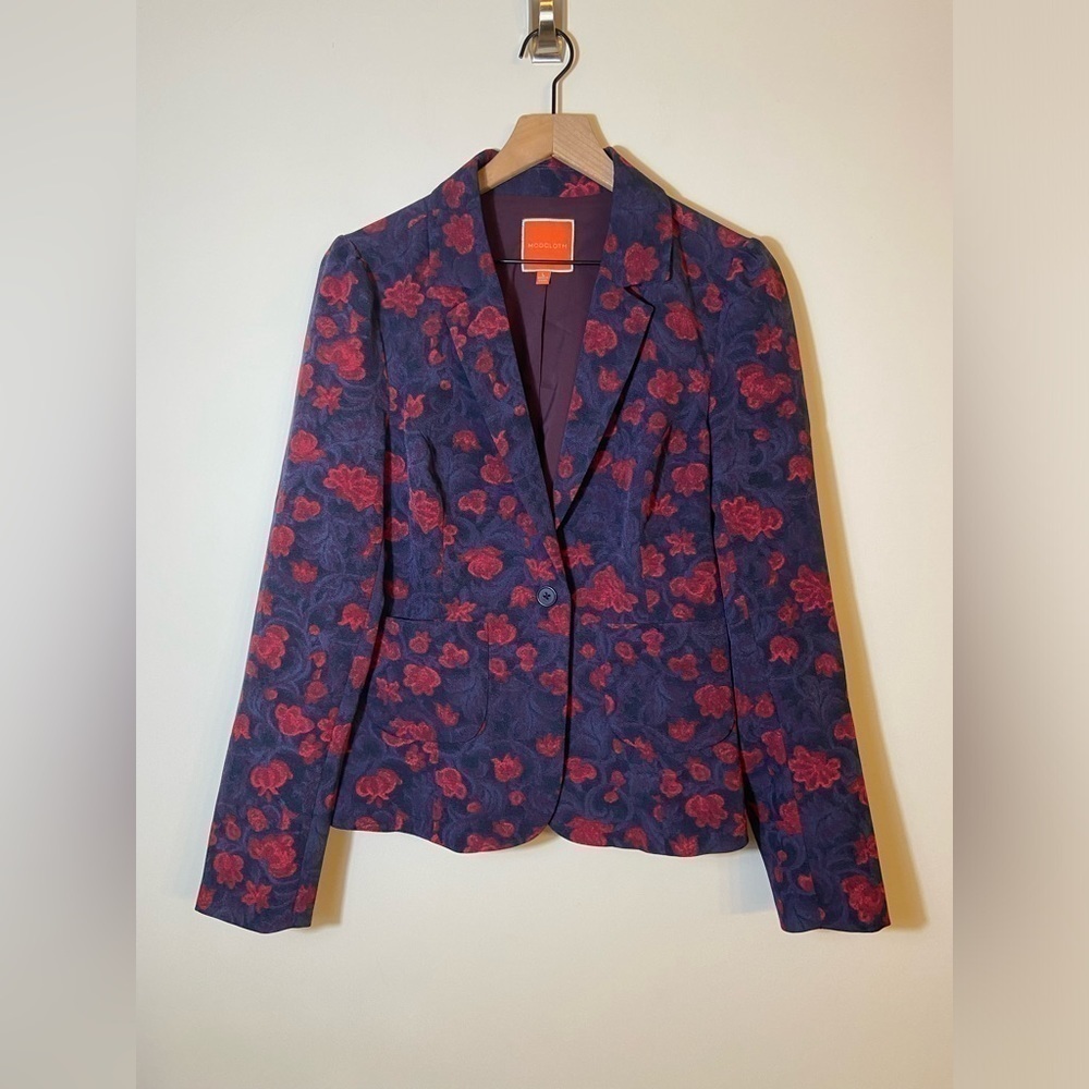 Modcloth Blue Purple Multi Color Floral Brocade Ruffle Peplum Blazer Jacket Sz L